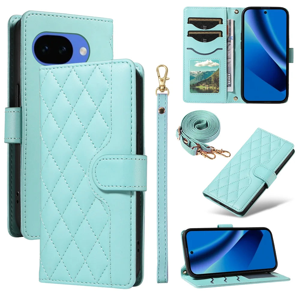 For Google Pixel 10a Wallet Case Rhombus Leather Phone Cover with Strap - Green - 1