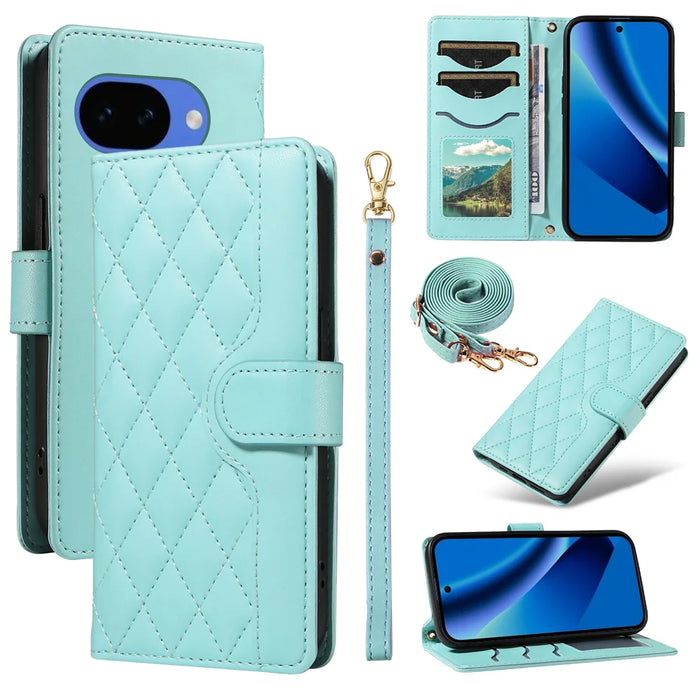 For Google Pixel 10a Wallet Case Rhombus Leather Phone Cover with Strap - Green - 1