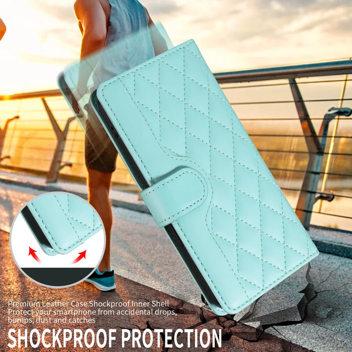 For Google Pixel 10a Wallet Case Rhombus Leather Phone Cover with Strap - Green - 5