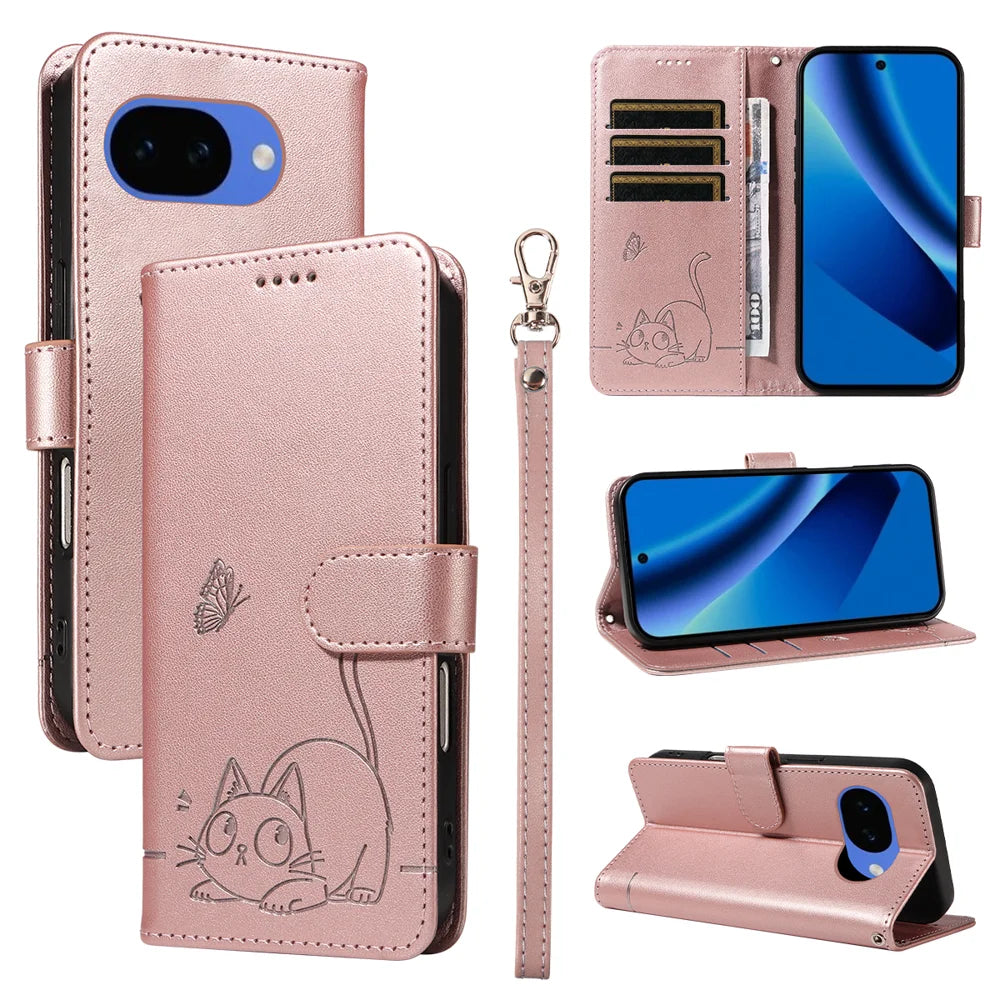 For Google Pixel 10a Case Cat Pattern Imprint Leather Phone Cover with Wrist Strap - Rose Gold - 1