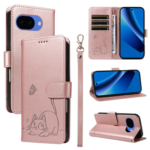 For Google Pixel 10a Case Cat Pattern Imprint Leather Phone Cover with Wrist Strap - Rose Gold - 1