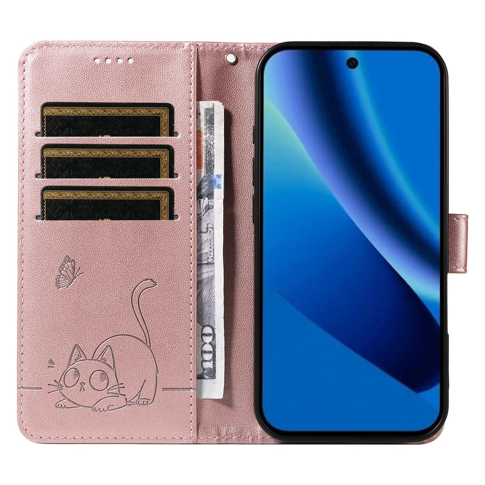 For Google Pixel 10a Case Cat Pattern Imprint Leather Phone Cover with Wrist Strap - Rose Gold - 2