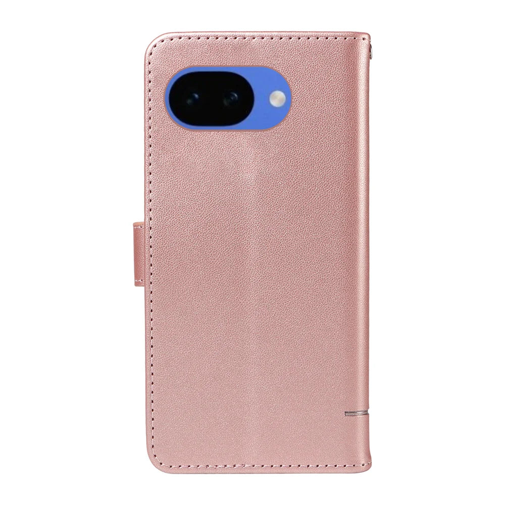 For Google Pixel 10a Case Cat Pattern Imprint Leather Phone Cover with Wrist Strap - Rose Gold - 7