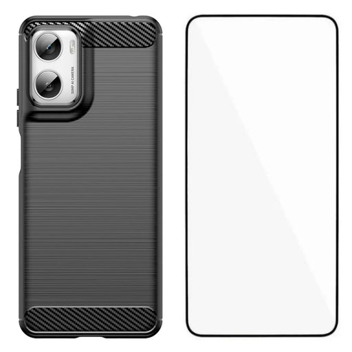WANLONFENG For Motorola Moto G06 Power 4G / G06 4G Case with Screen Film  LS Series Big Lens Hole Brushed Texture TPU Phone Cover - Black - 1