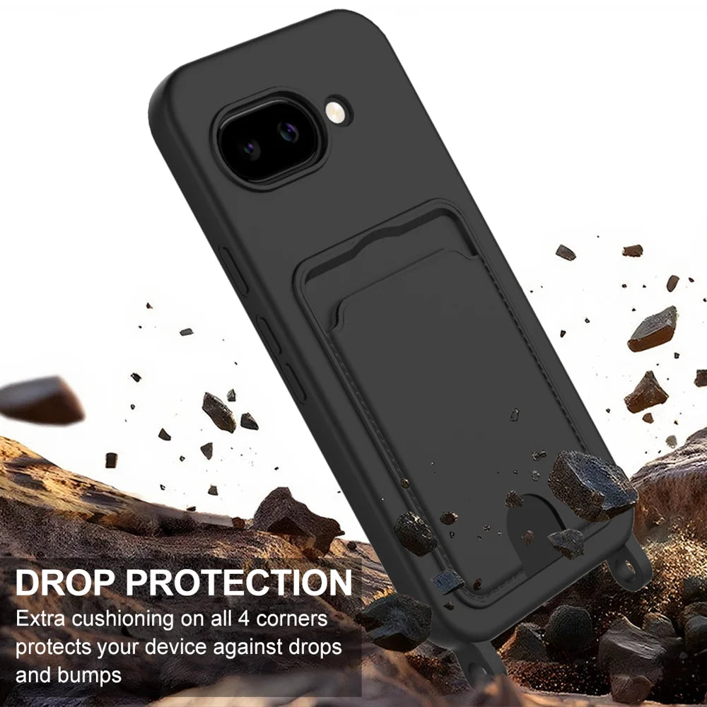 For Google Pixel 10a Liquid Silicone Case  Phone Back Cover with Card Holder and Short Strap - Black - 5