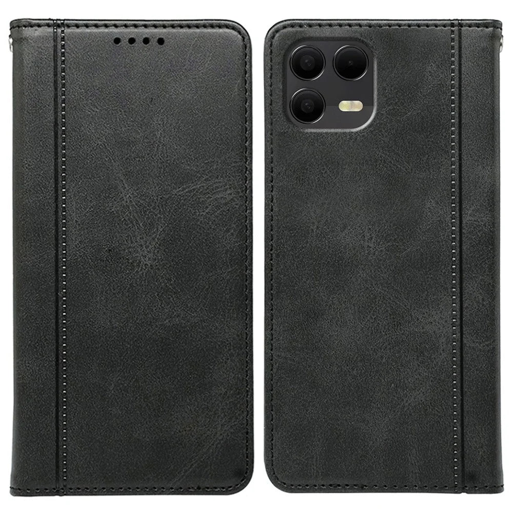 For T-Mobile Revvl 8 Pro Case Hidden Magnetic Closure Calf Texture Leather Phone Cover - Black - 1