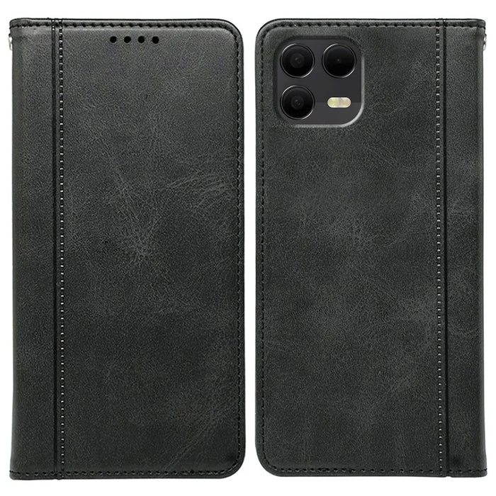 For T-Mobile Revvl 8 Pro Case Hidden Magnetic Closure Calf Texture Leather Phone Cover - Black - 1