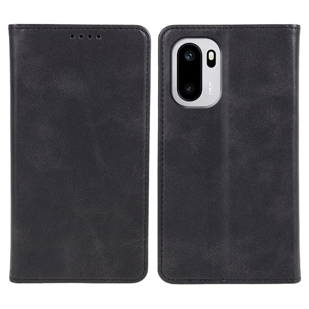 Phone Case For OnePlus 15R 5G / Ace 6T 5G / Ace 6 5G Strong Magnetic PU Leather Phone Cover Calf Texture - Black - 1