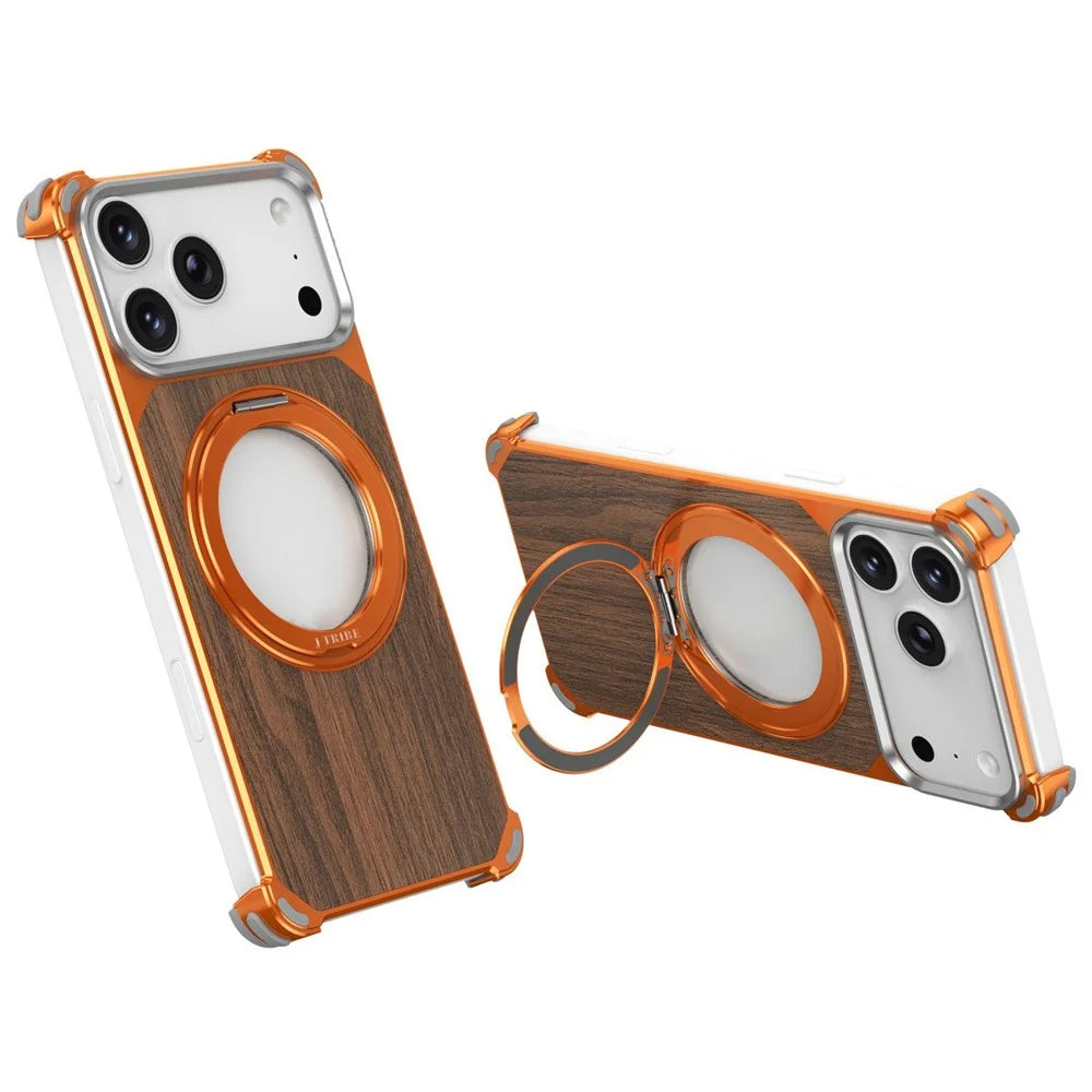 For iPhone 17 Pro Max Magnetic Case Wood + Metal Frameless Hollow Design Phone Cover with Rotating Kickstand - Orange - 1