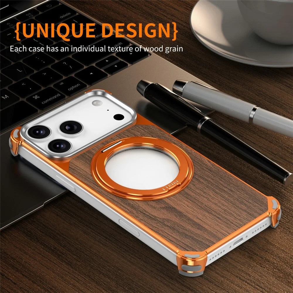 For iPhone 17 Pro Max Magnetic Case Wood + Metal Frameless Hollow Design Phone Cover with Rotating Kickstand - Orange - 4