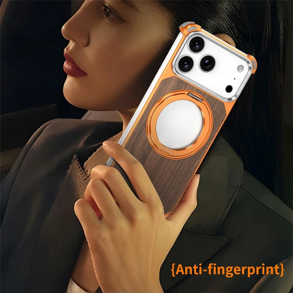 For iPhone 17 Pro Max Magnetic Case Wood + Metal Frameless Hollow Design Phone Cover with Rotating Kickstand - Orange - 5
