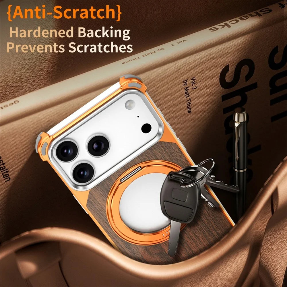 For iPhone 17 Pro Max Magnetic Case Wood + Metal Frameless Hollow Design Phone Cover with Rotating Kickstand - Orange - 6
