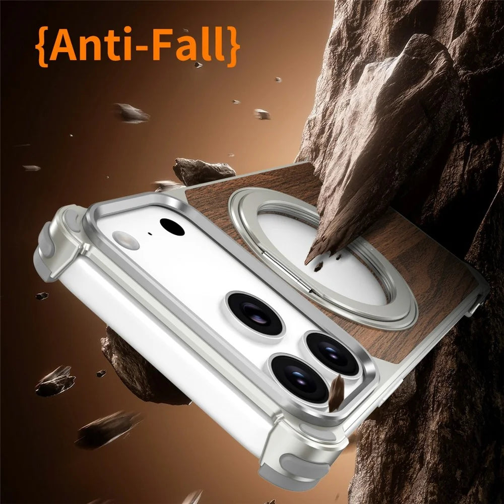 For iPhone 17 Pro Max Magnetic Case Wood + Metal Frameless Hollow Design Phone Cover with Rotating Kickstand - Orange - 7