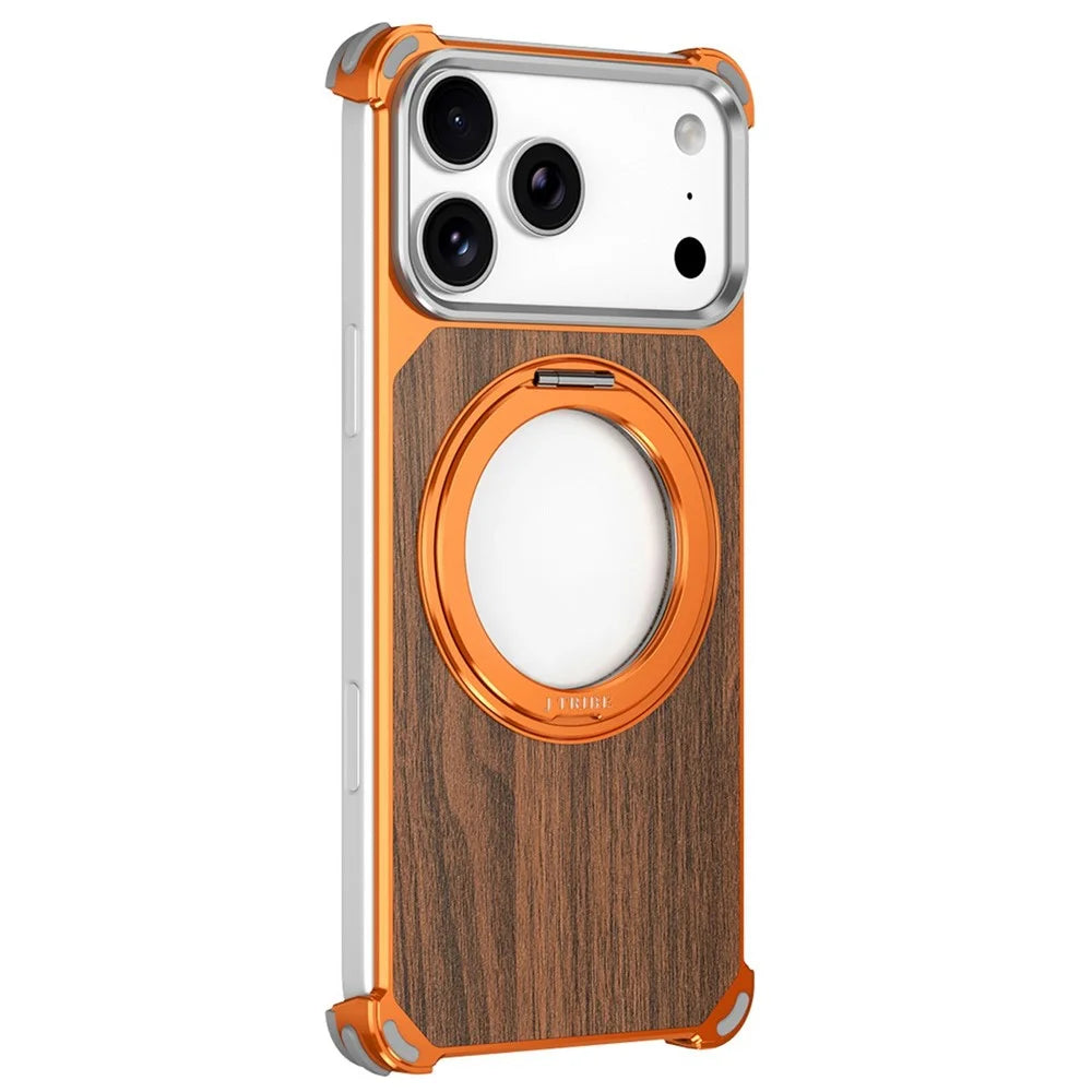 For iPhone 17 Pro Magnetic Case Wood + Metal Frameless Hollow Design Phone Cover with Rotating Kickstand - Orange - 2