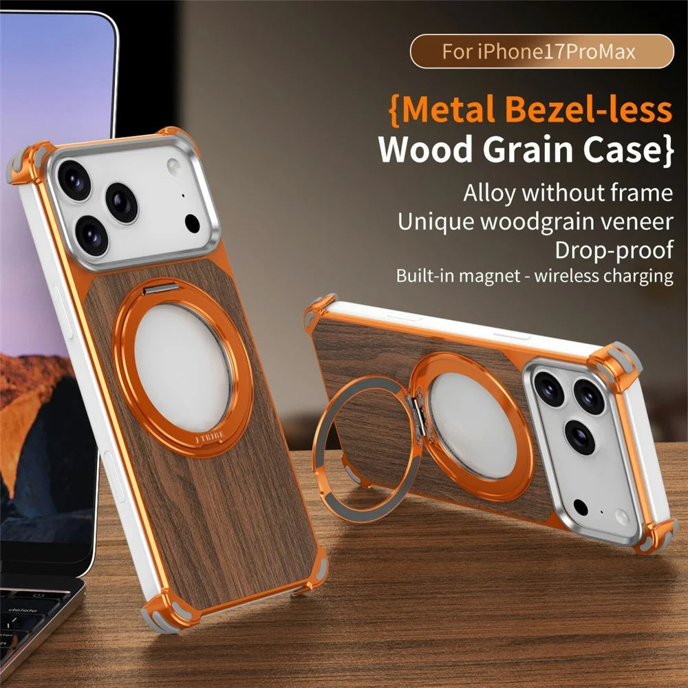 For iPhone 17 Pro Magnetic Case Wood + Metal Frameless Hollow Design Phone Cover with Rotating Kickstand - Orange - 3