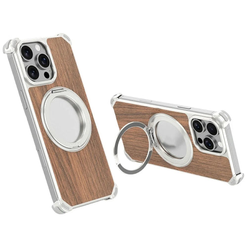 For iPhone 16 Pro Magnetic Case Wood + Metal Frameless Hollow Design Phone Cover with Rotating Kickstand - Titanium - 1