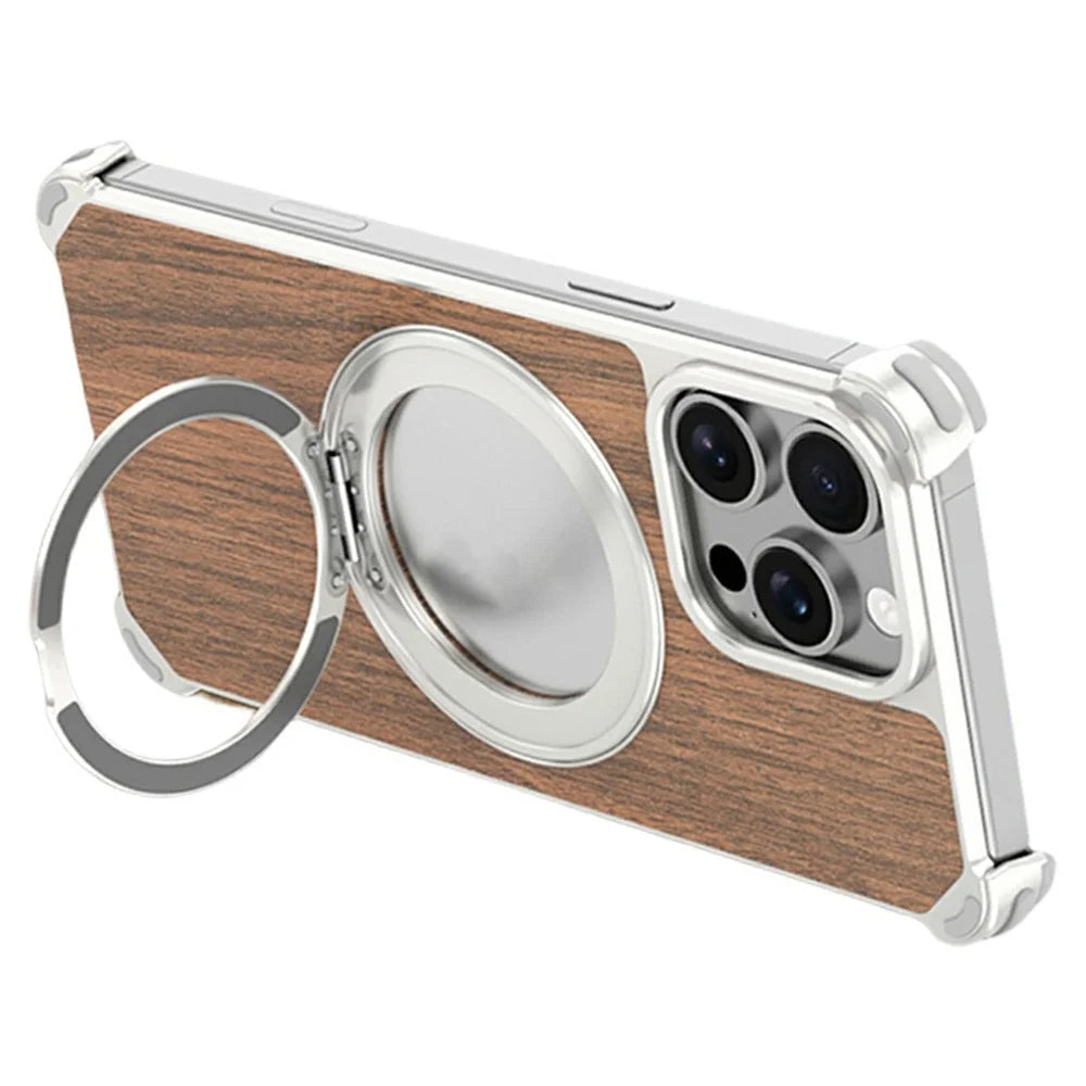 For iPhone 16 Pro Magnetic Case Wood + Metal Frameless Hollow Design Phone Cover with Rotating Kickstand - Titanium - 2
