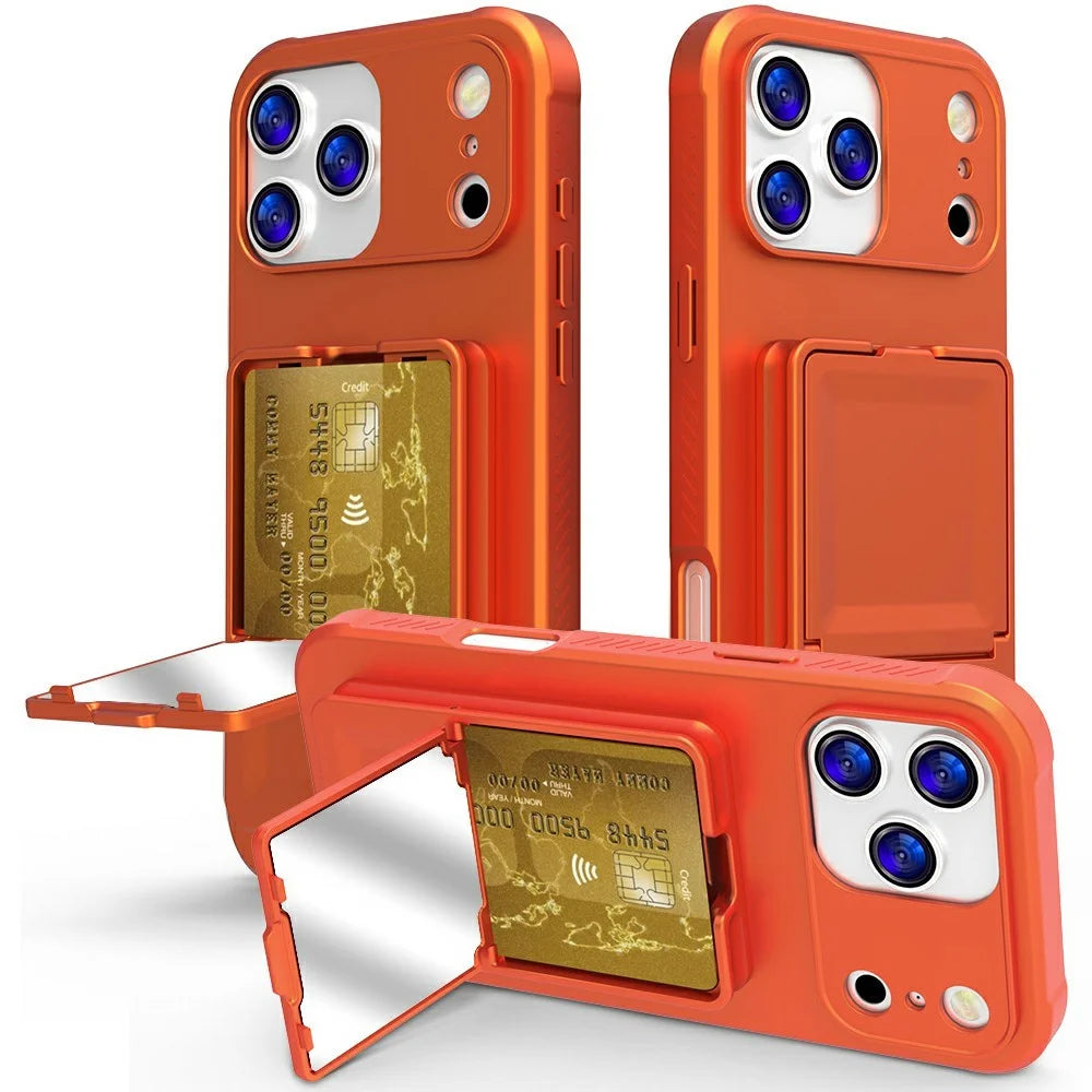For iPhone 17 Pro Max Case Skin-Touch Card Holder TPU + PC Phone Cover with Mirror Kickstand - Orange - 1