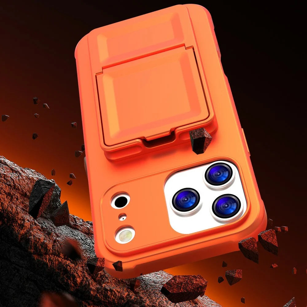 For iPhone 17 Pro Max Case Skin-Touch Card Holder TPU + PC Phone Cover with Mirror Kickstand - Orange - 6