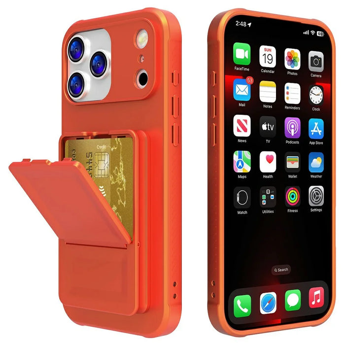 For iPhone 17 Pro Case Skin-Touch Card Holder TPU + PC Phone Cover with Mirror Kickstand - Orange - 2