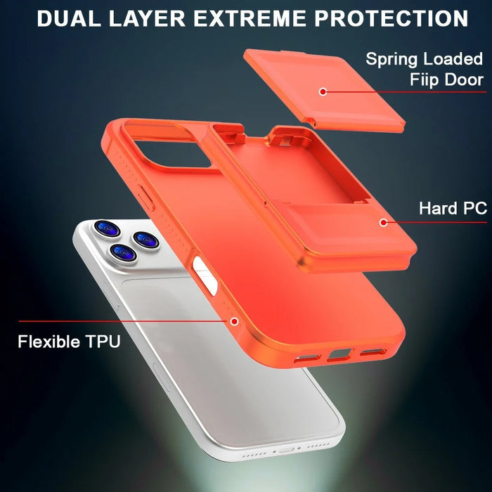 For iPhone 17 Pro Case Skin-Touch Card Holder TPU + PC Phone Cover with Mirror Kickstand - Orange - 3