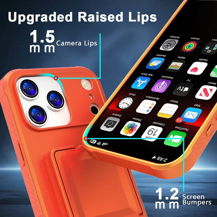 For iPhone 17 Pro Case Skin-Touch Card Holder TPU + PC Phone Cover with Mirror Kickstand - Orange - 4