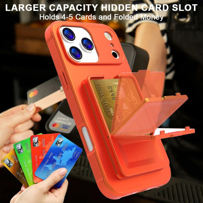 For iPhone 17 Pro Case Skin-Touch Card Holder TPU + PC Phone Cover with Mirror Kickstand - Orange - 5
