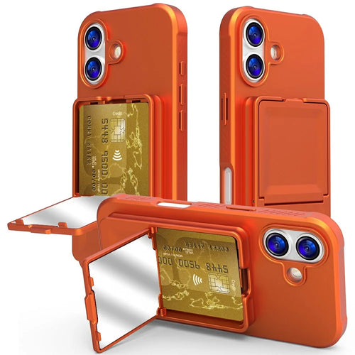 For iPhone 17 Case Skin-Touch Card Holder TPU + PC Phone Cover with Mirror Kickstand - Orange - 1