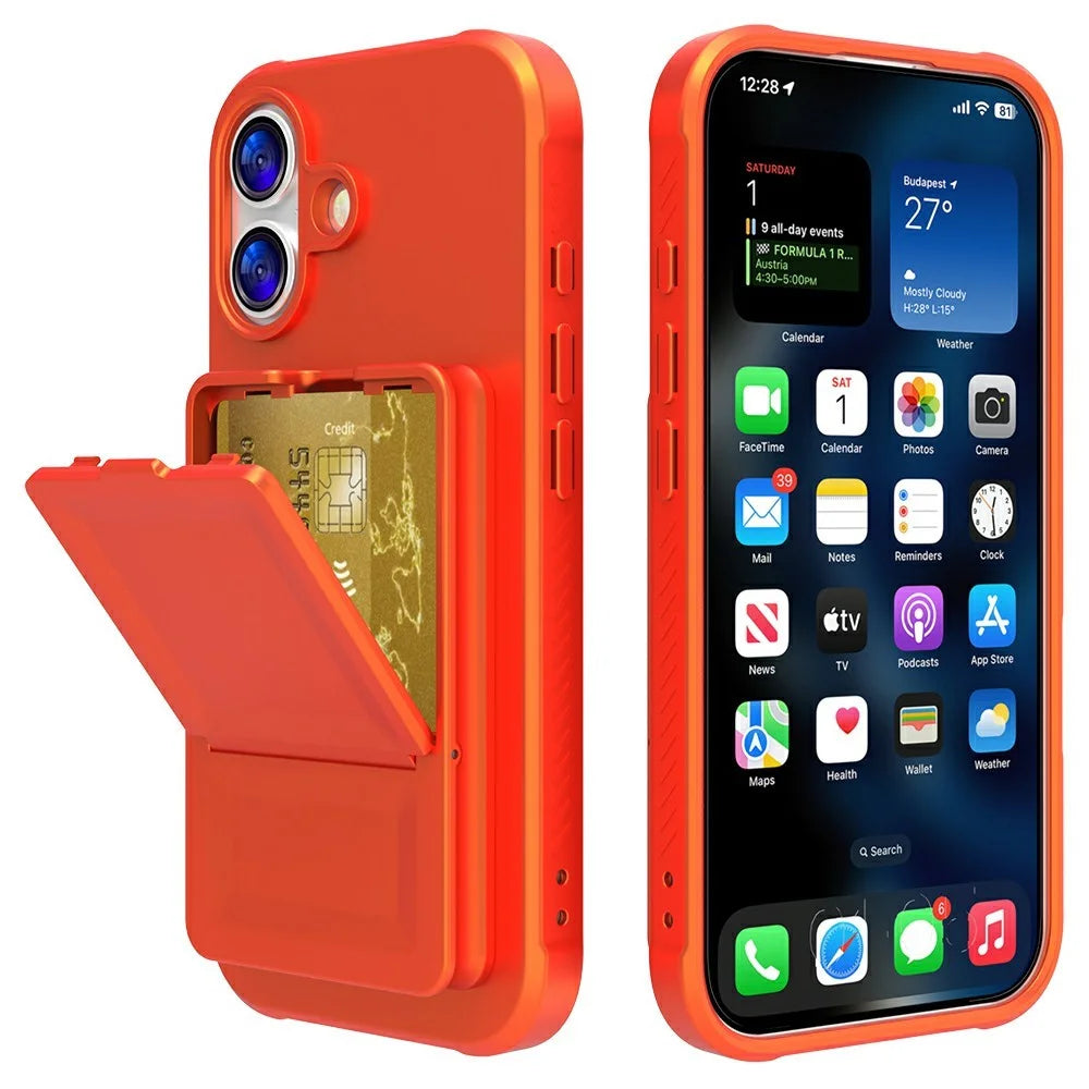 For iPhone 17 Case Skin-Touch Card Holder TPU + PC Phone Cover with Mirror Kickstand - Orange - 2