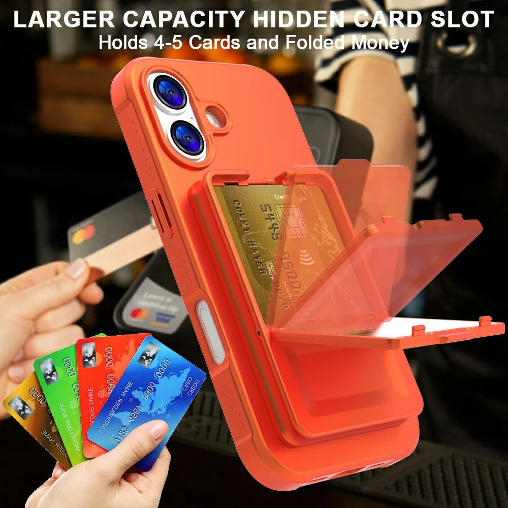 For iPhone 17 Case Skin-Touch Card Holder TPU + PC Phone Cover with Mirror Kickstand - Orange - 5