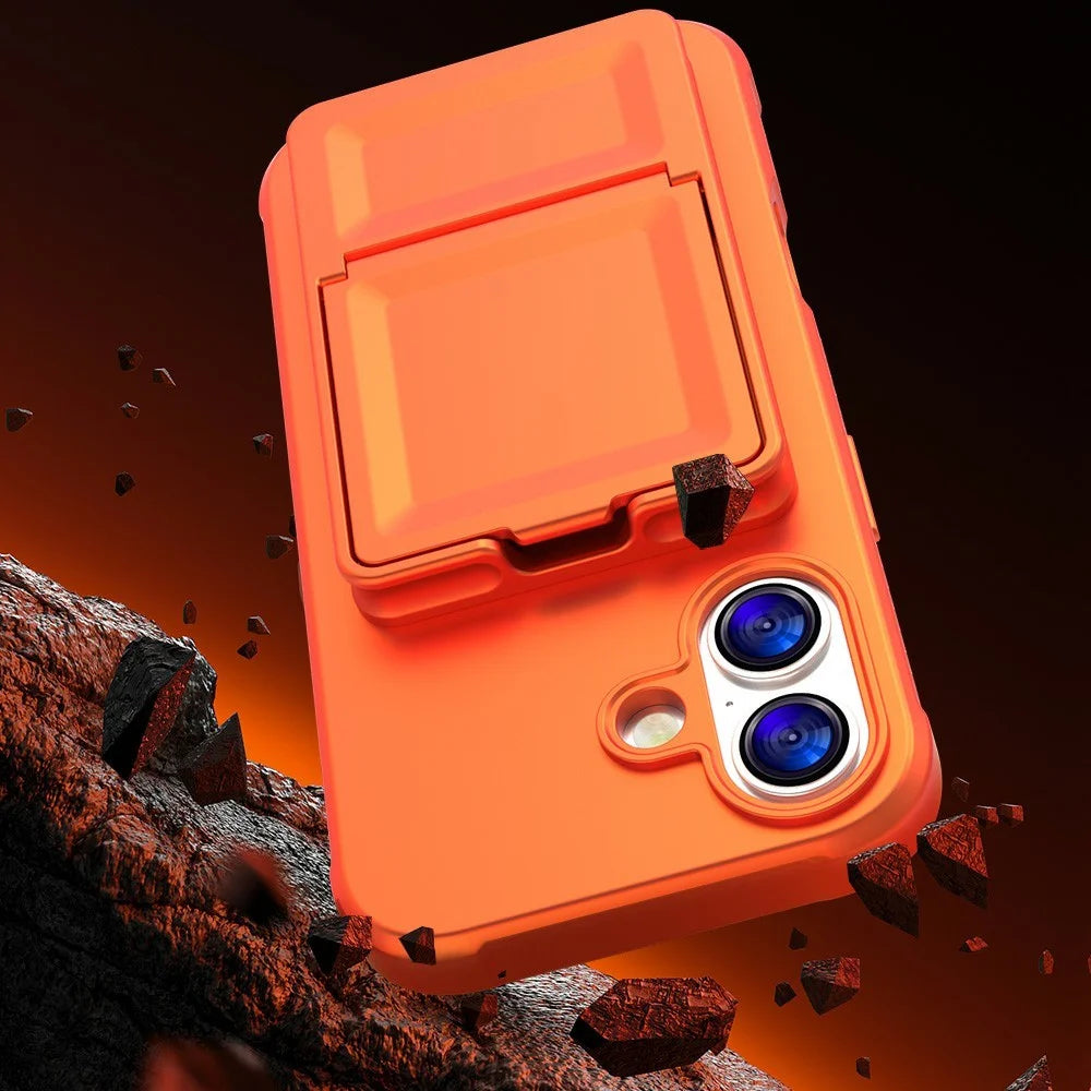 For iPhone 17 Case Skin-Touch Card Holder TPU + PC Phone Cover with Mirror Kickstand - Orange - 6
