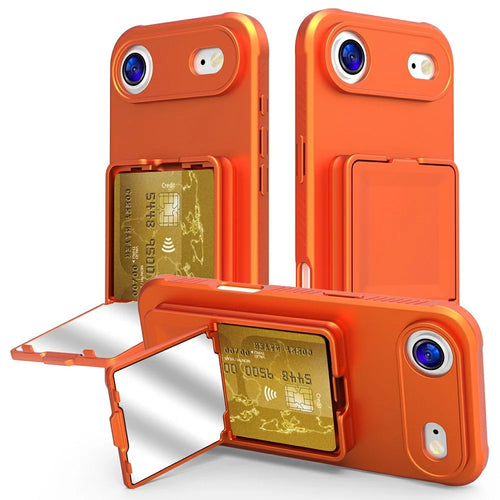 For iPhone Air Case Skin-Touch Card Holder TPU + PC Phone Cover with Mirror Kickstand - Orange - 1