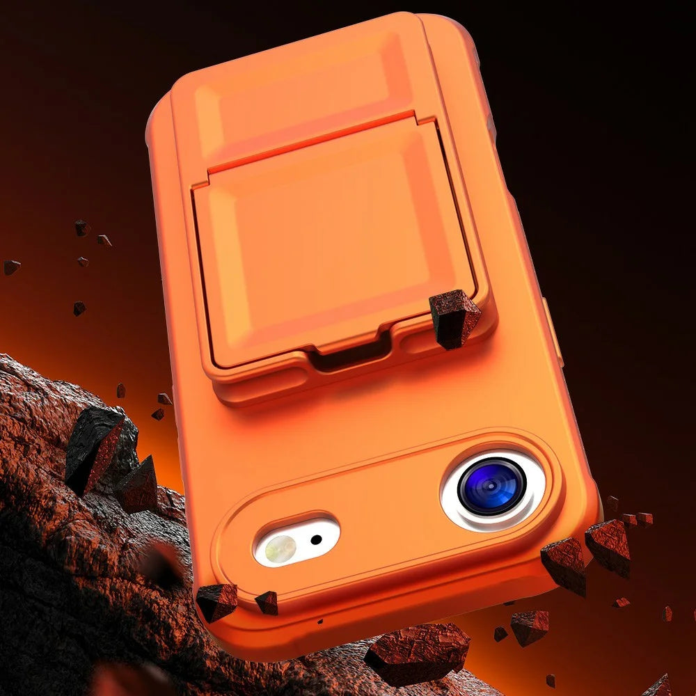 For iPhone Air Case Skin-Touch Card Holder TPU + PC Phone Cover with Mirror Kickstand - Orange - 6