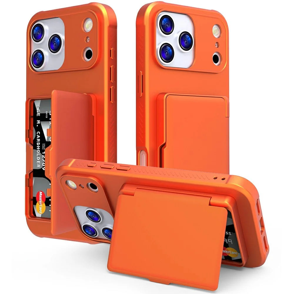 For iPhone 17 Pro Case PC + TPU Phone Cover with Hidden Mirror Card Holder Kickstand - Orange - 1