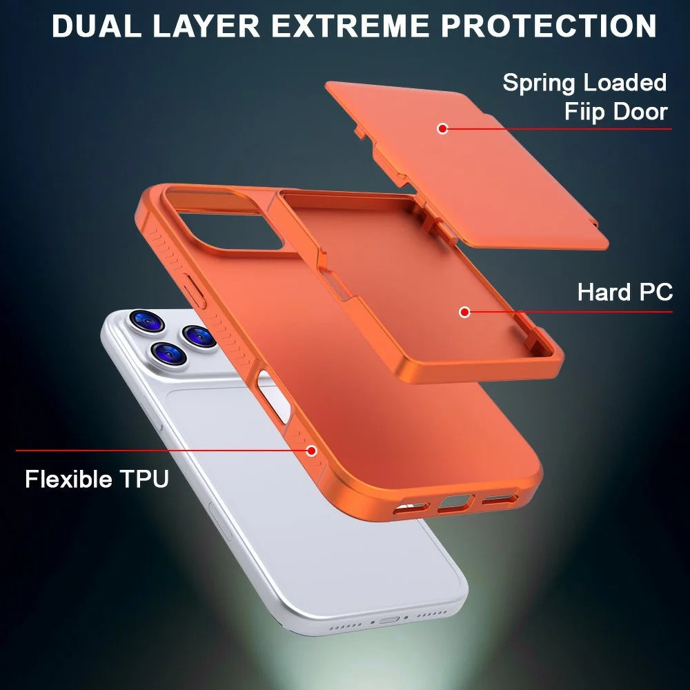 For iPhone 17 Pro Case PC + TPU Phone Cover with Hidden Mirror Card Holder Kickstand - Orange - 3