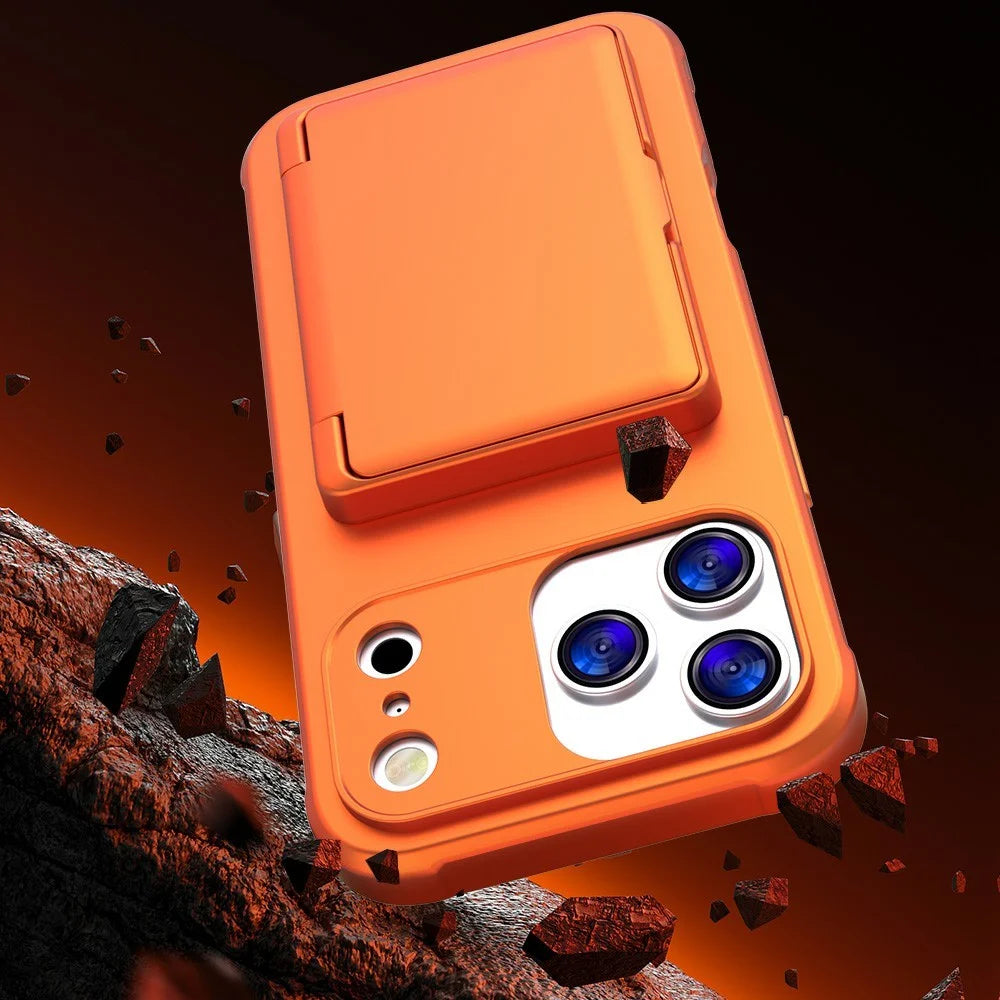 For iPhone 17 Pro Case PC + TPU Phone Cover with Hidden Mirror Card Holder Kickstand - Orange - 6