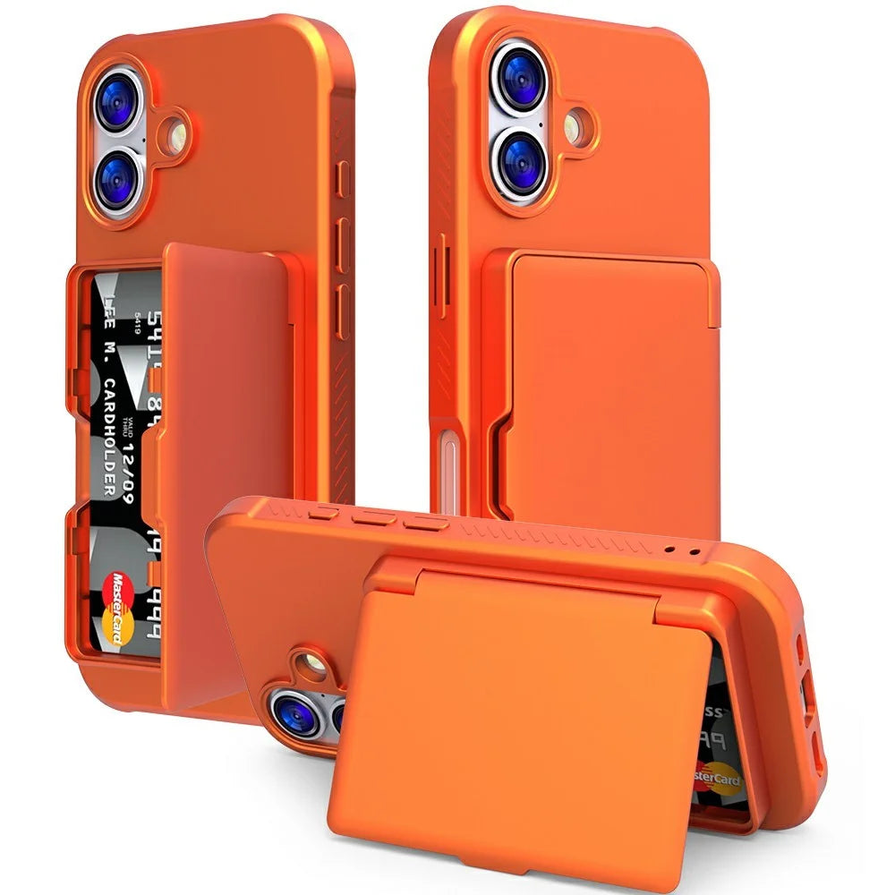 For iPhone 17 Case PC + TPU Phone Cover with Hidden Mirror Card Holder Kickstand - Orange - 1