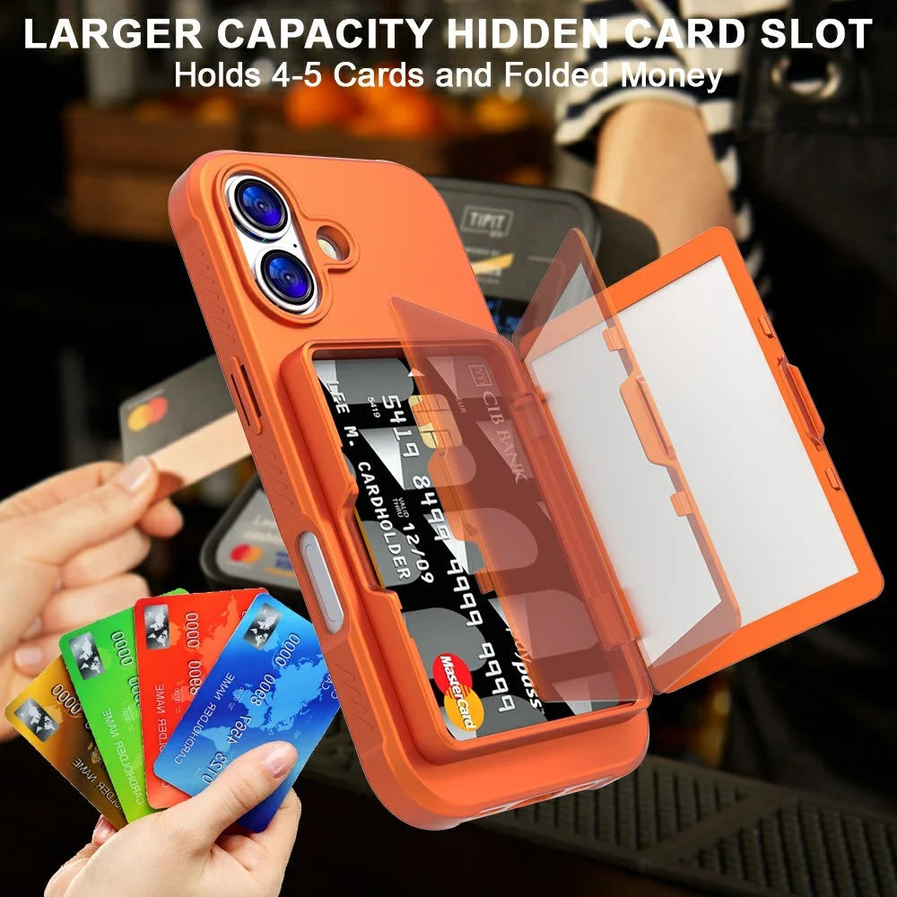 For iPhone 17 Case PC + TPU Phone Cover with Hidden Mirror Card Holder Kickstand - Orange - 5