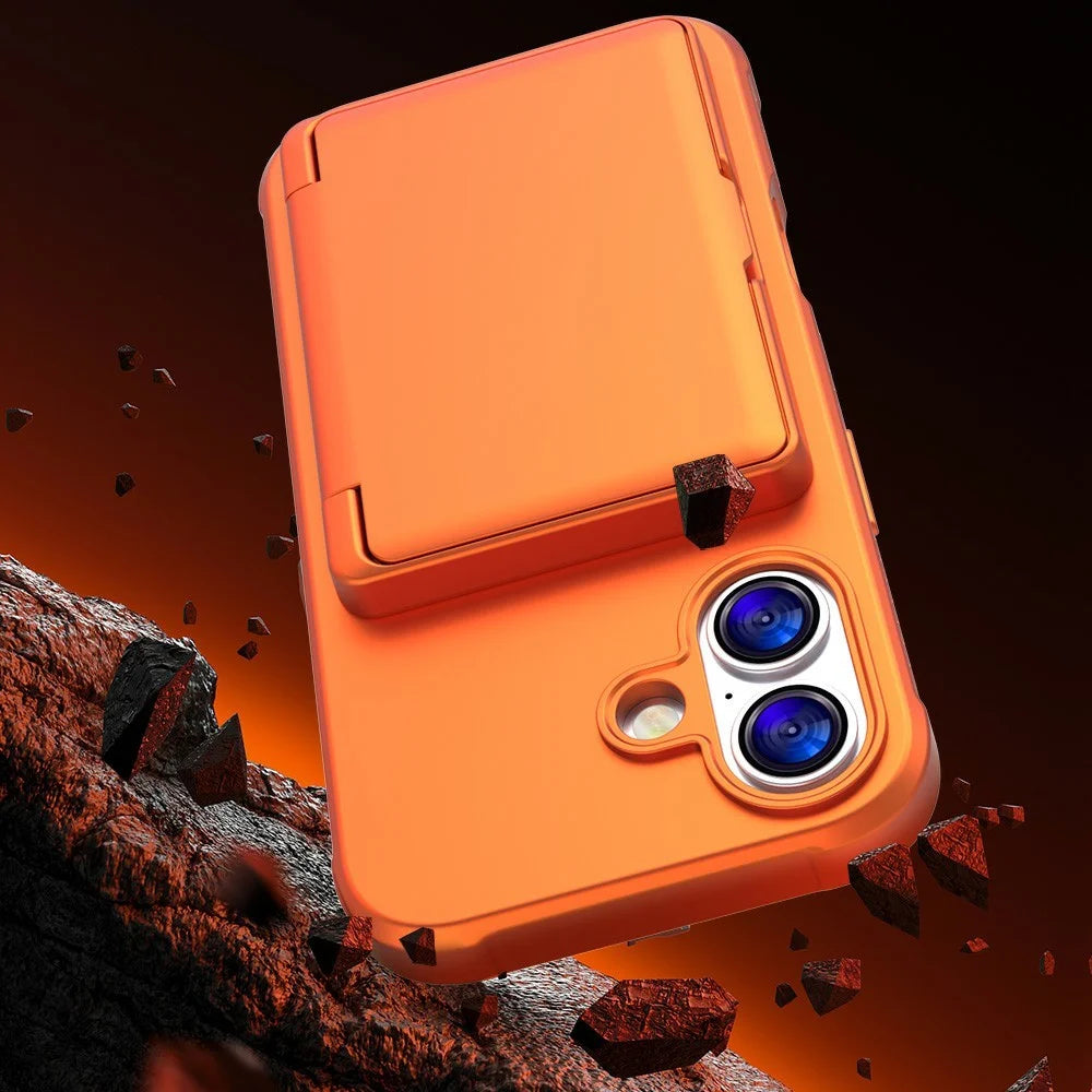 For iPhone 17 Case PC + TPU Phone Cover with Hidden Mirror Card Holder Kickstand - Orange - 6
