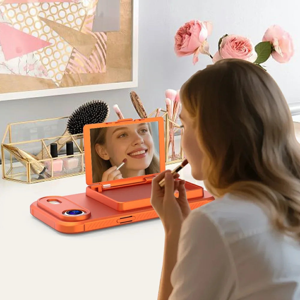 For iPhone Air Case PC + TPU Phone Cover with Hidden Mirror Card Holder Kickstand - Orange - 7