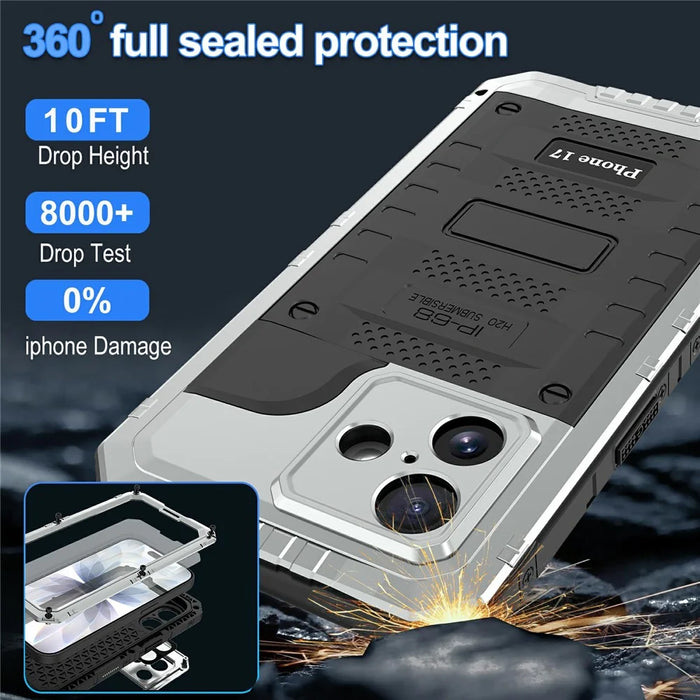 IP68 Waterproof Phone Case for iPhone 17 Metal + Silicone Cover with Screen Protector - Silver - 6
