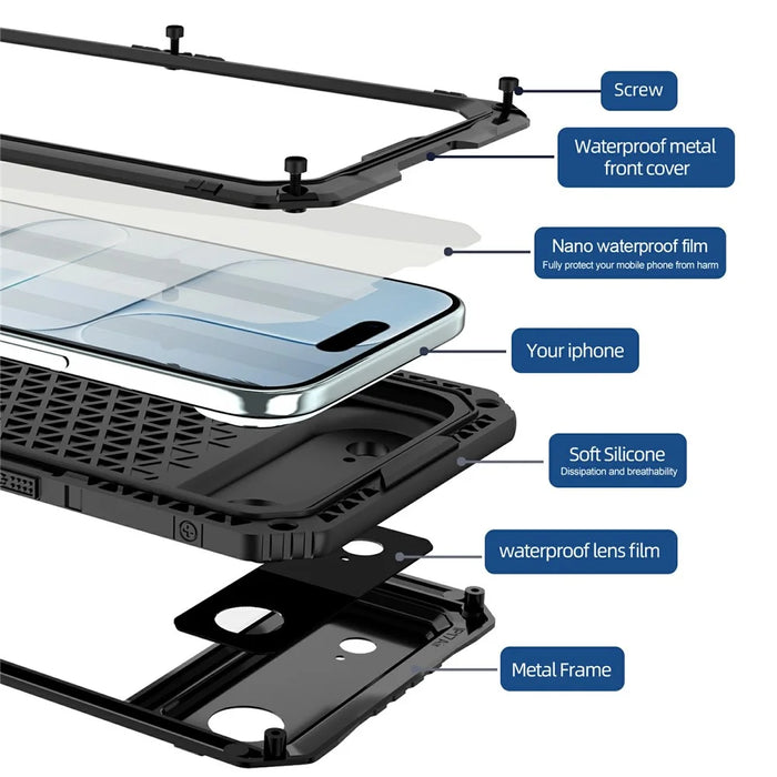 IP68 Waterproof Phone Case for iPhone Air Metal + Silicone Cover with Screen Protector - Black - 3