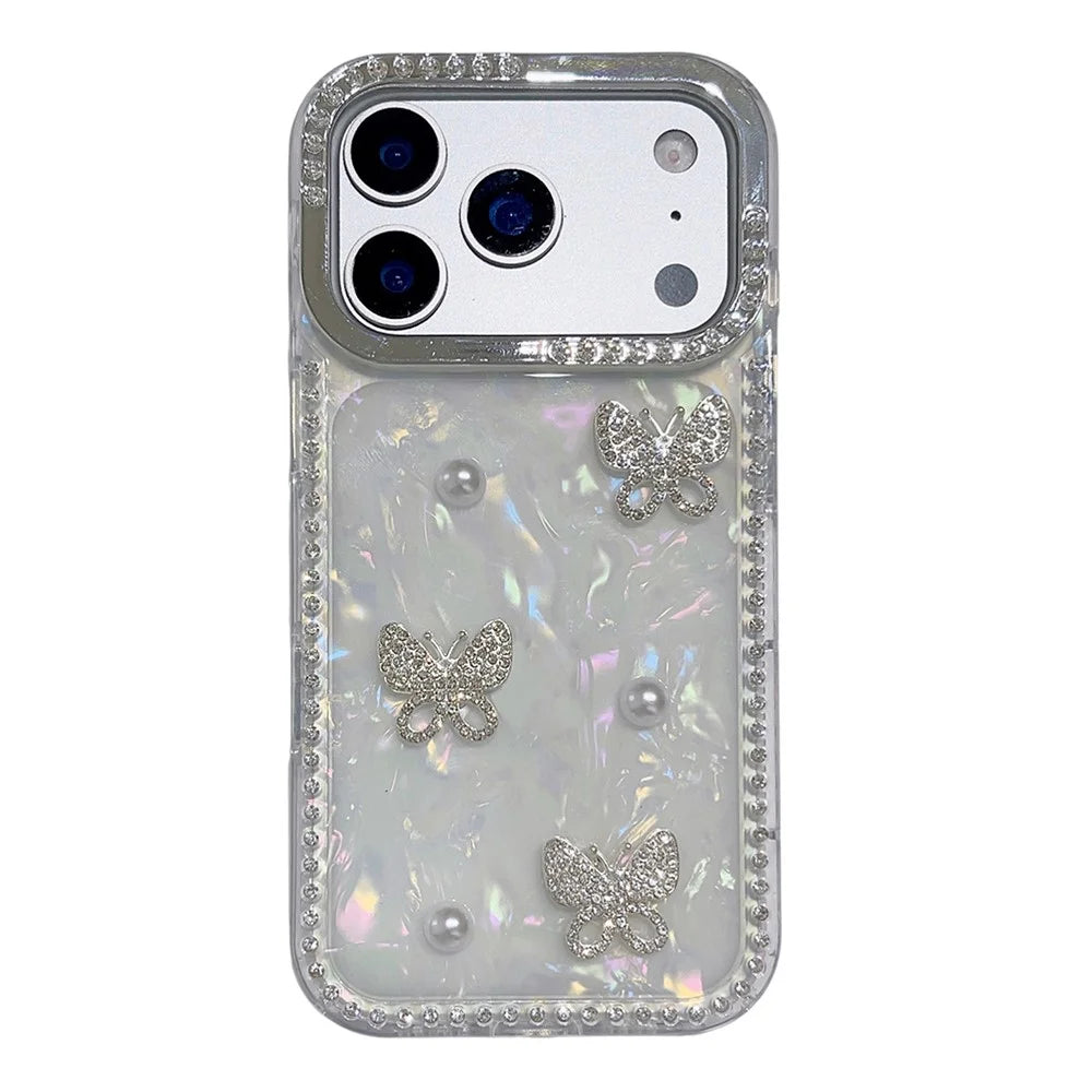 For iPhone 17 Pro Case Shell Texture Butterfly Pearl Rhinestone Decor PC + TPU Phone Cover - Small Butterfly - 1