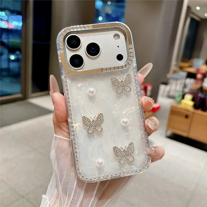 For iPhone 17 Pro Case Shell Texture Butterfly Pearl Rhinestone Decor PC + TPU Phone Cover - Small Butterfly - 2