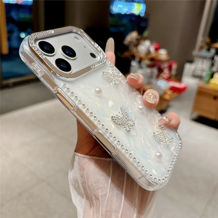 For iPhone 17 Pro Case Shell Texture Butterfly Pearl Rhinestone Decor PC + TPU Phone Cover - Small Butterfly - 5