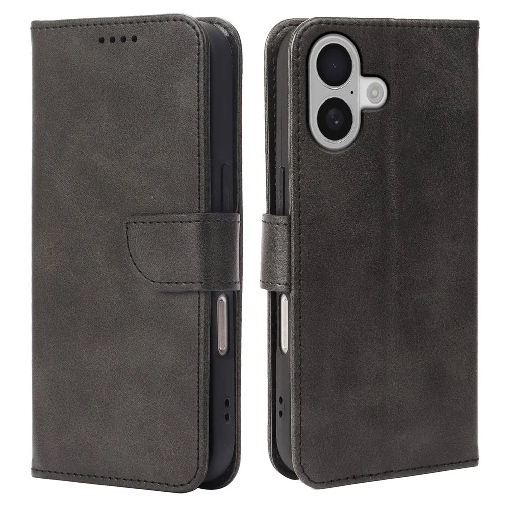 For iPhone 16 Case Wallet Stand Magnetic Clasp Closure Calf Texture Leather Phone Cover - Black - 1