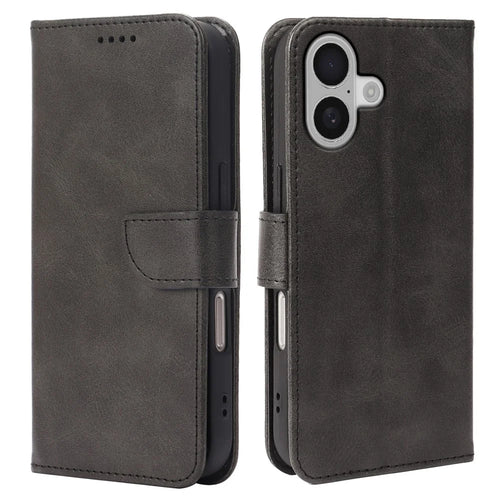 For iPhone 16 Case Wallet Stand Magnetic Clasp Closure Calf Texture Leather Phone Cover - Black - 1