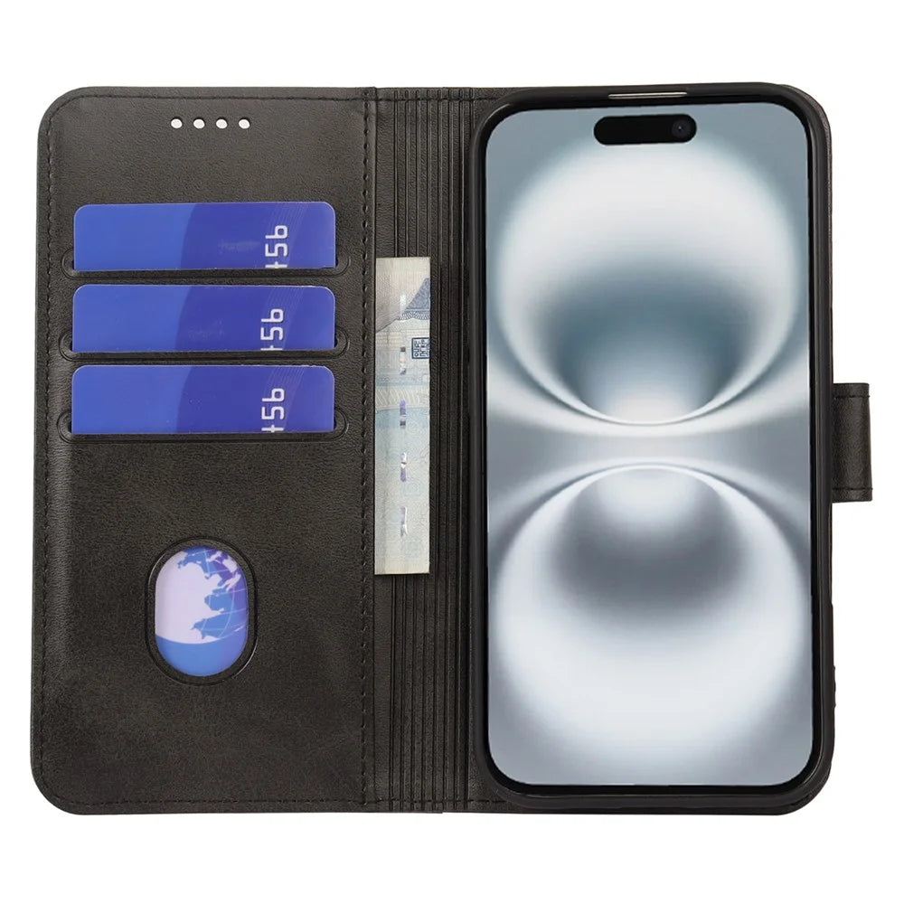 For iPhone 16 Case Wallet Stand Magnetic Clasp Closure Calf Texture Leather Phone Cover - Black - 2