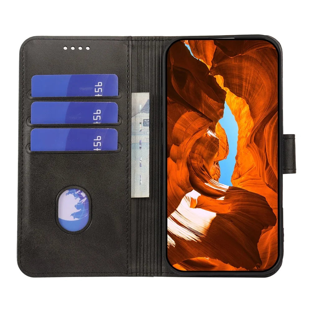 For Samsung Galaxy S25 FE Case Wallet Stand Magnetic Clasp Closure Calf Texture Leather Phone Cover - Black - 3
