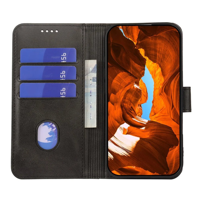 For Samsung Galaxy S24 FE Case Wallet Stand Magnetic Clasp Closure Calf Texture Leather Phone Cover - Black - 3